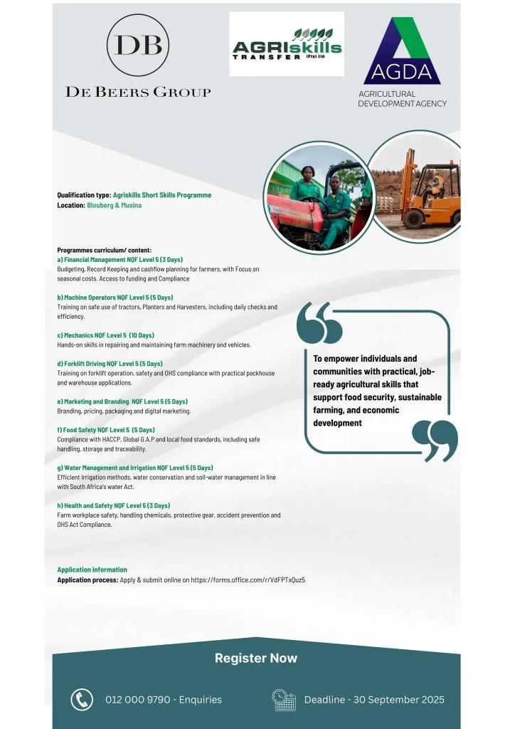 De Beers Group Agriskills Short Skills Programme 2025