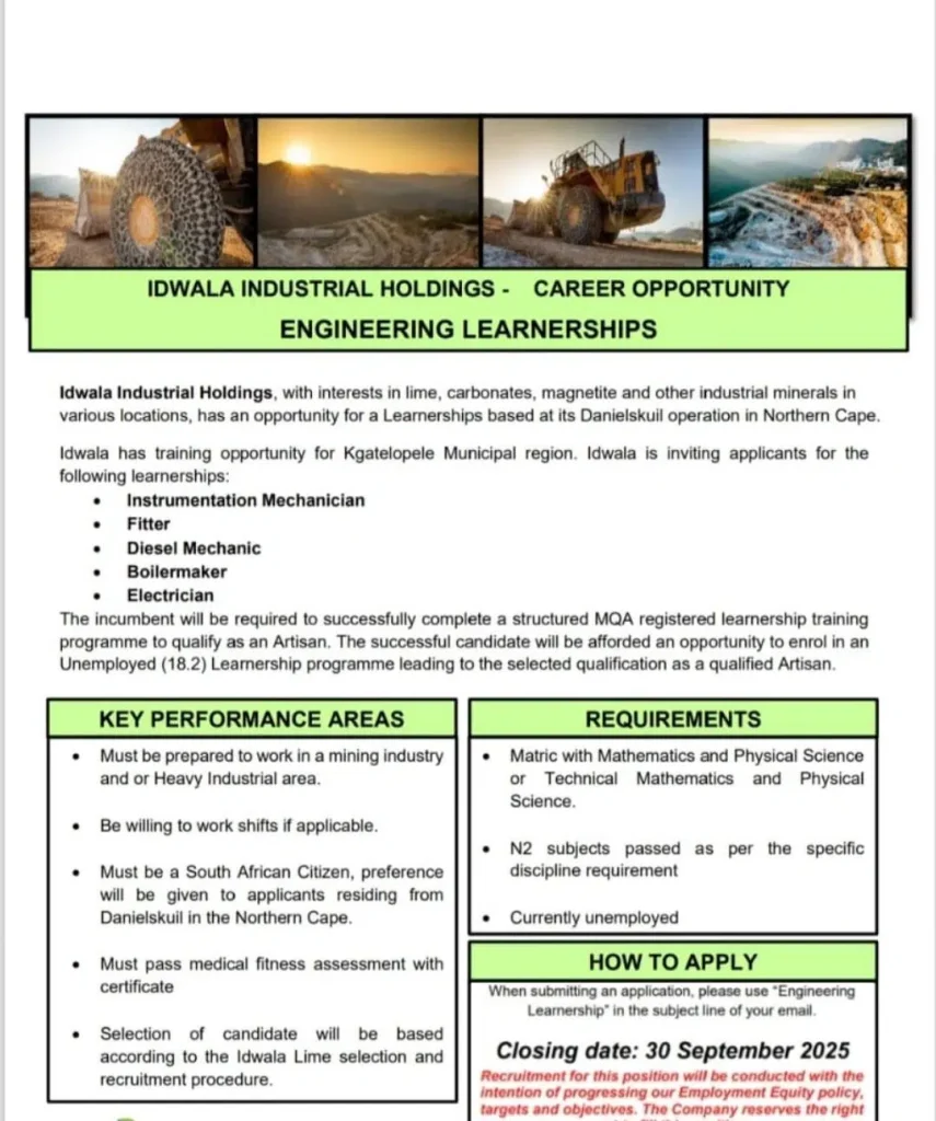 Idwala Industrial Holdings Engineering Learnership Programme 2025