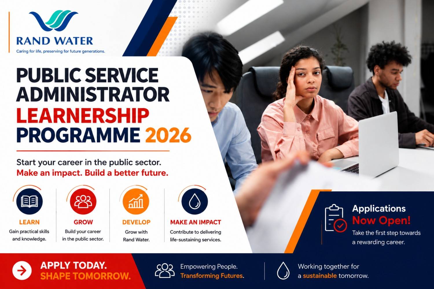 using attached image, Design discover optimized featured image turn the place into RAND WATER, Also place white shadow bar to place this text in black: Public Service Administrator Learnership Programme 2026